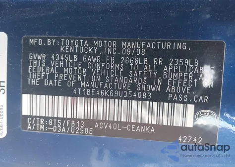 2009 Toyota Camry Le z USA, uszkodzony, nr VIN 4T1BE46K69U354083